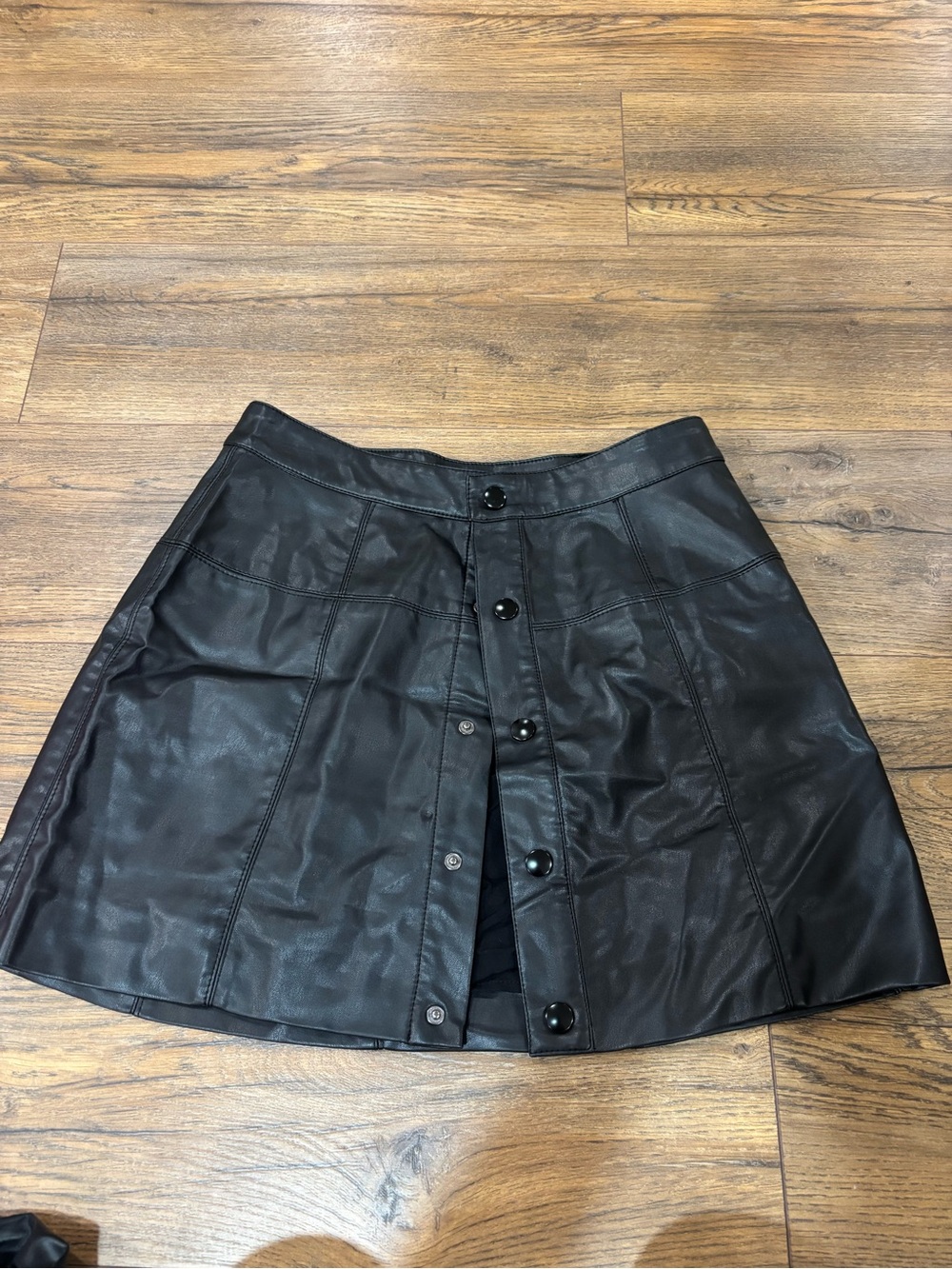 Free People Black Faux Leather A-Line Button Front Mini Skirt